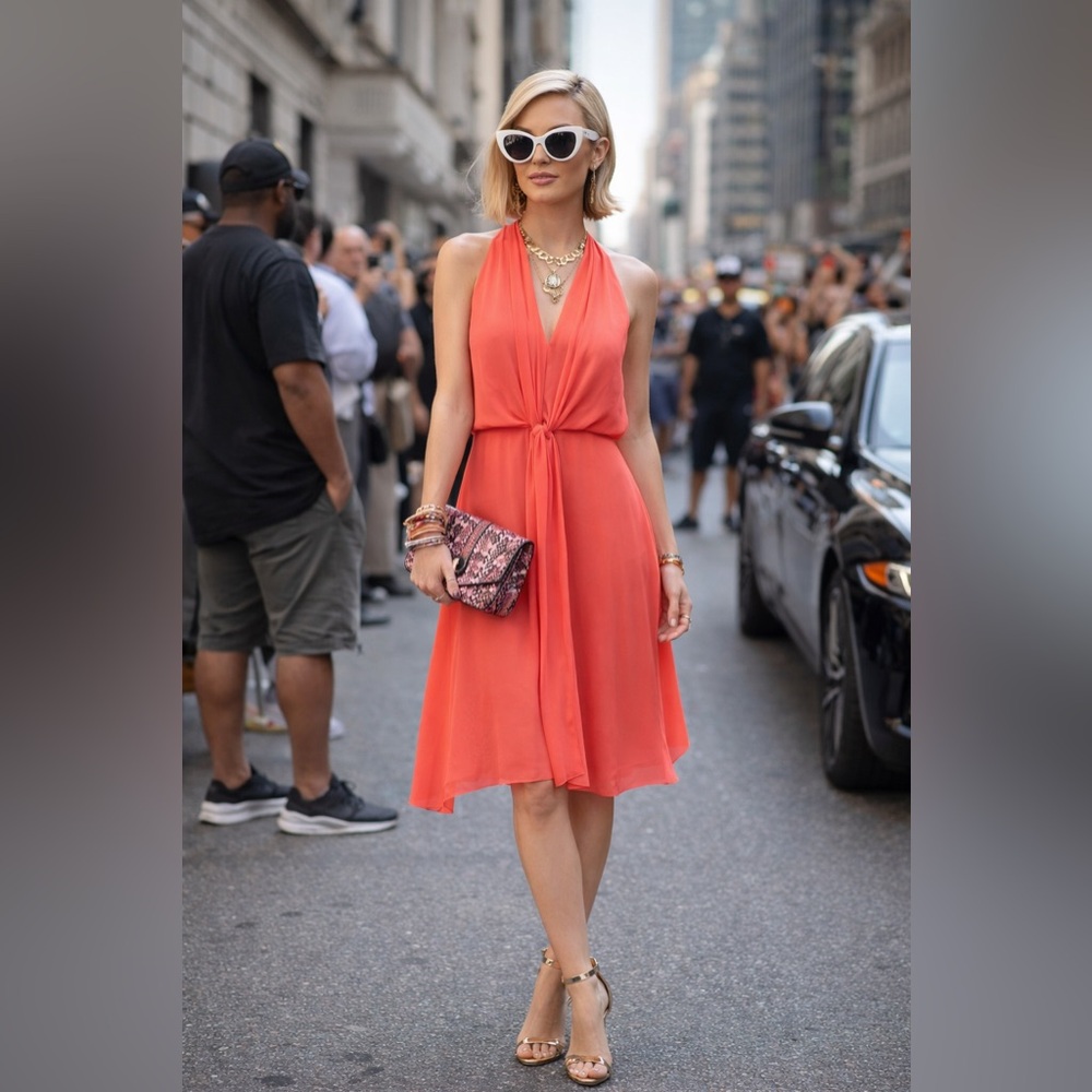 BCBGMAXAZRIA “Marisa” Halter Dress – Coral/Salmon